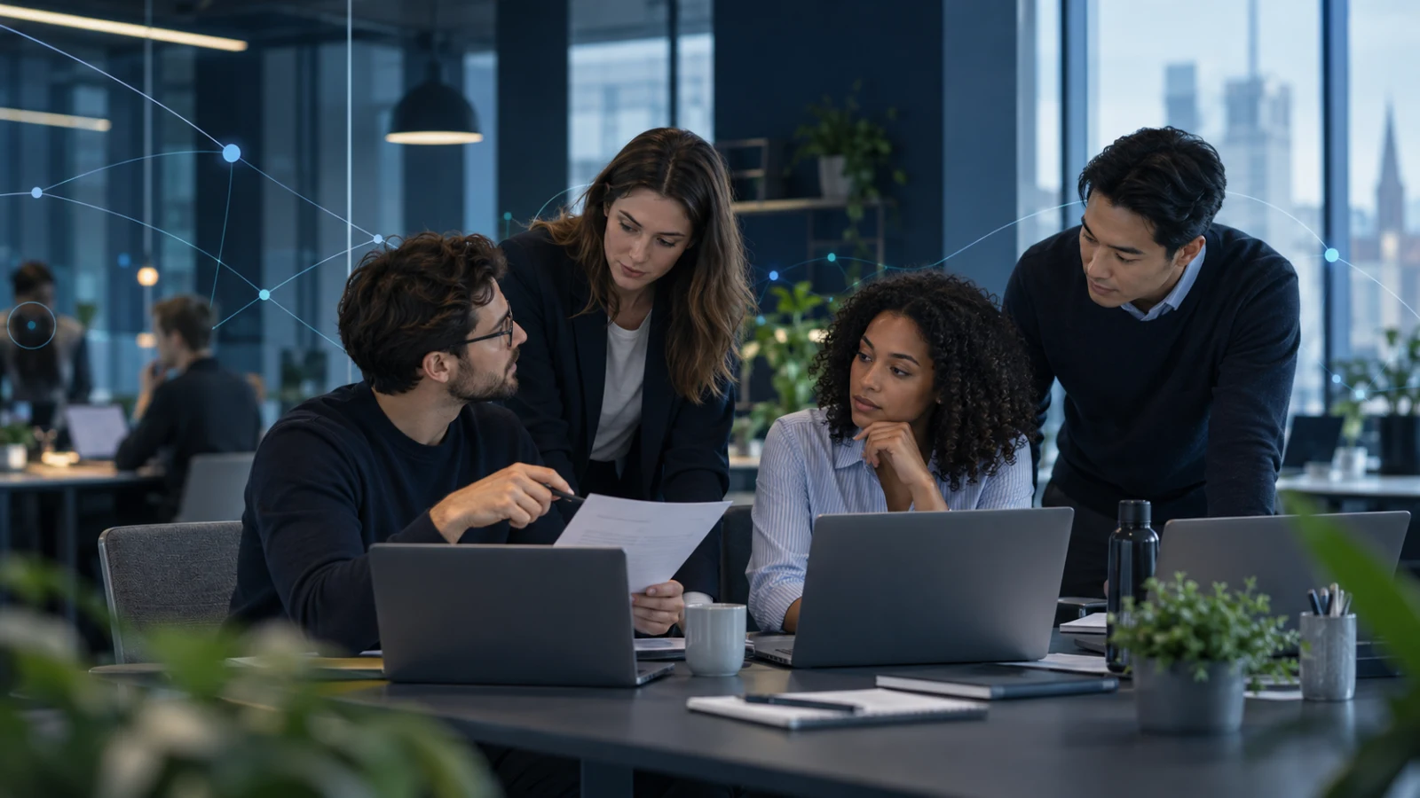 Team collaborating in a workplace with subtle visual signals of connection and digital protection
